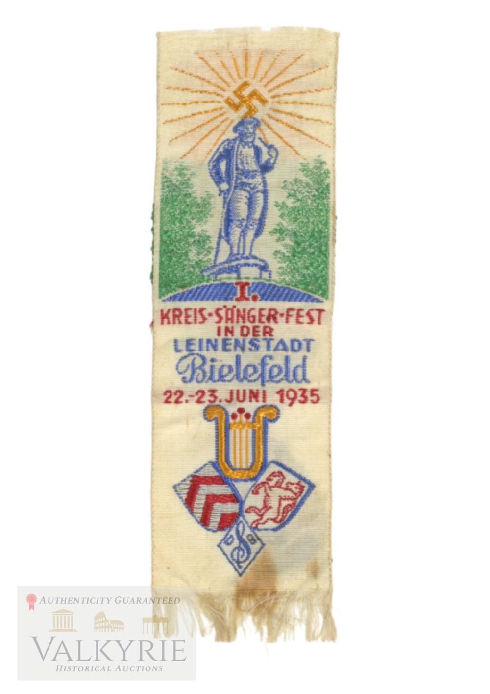 Lot 671: Commemorative Silk Ribbon "I. Kreis Singer Contest Linen City Bielefeld 1935"