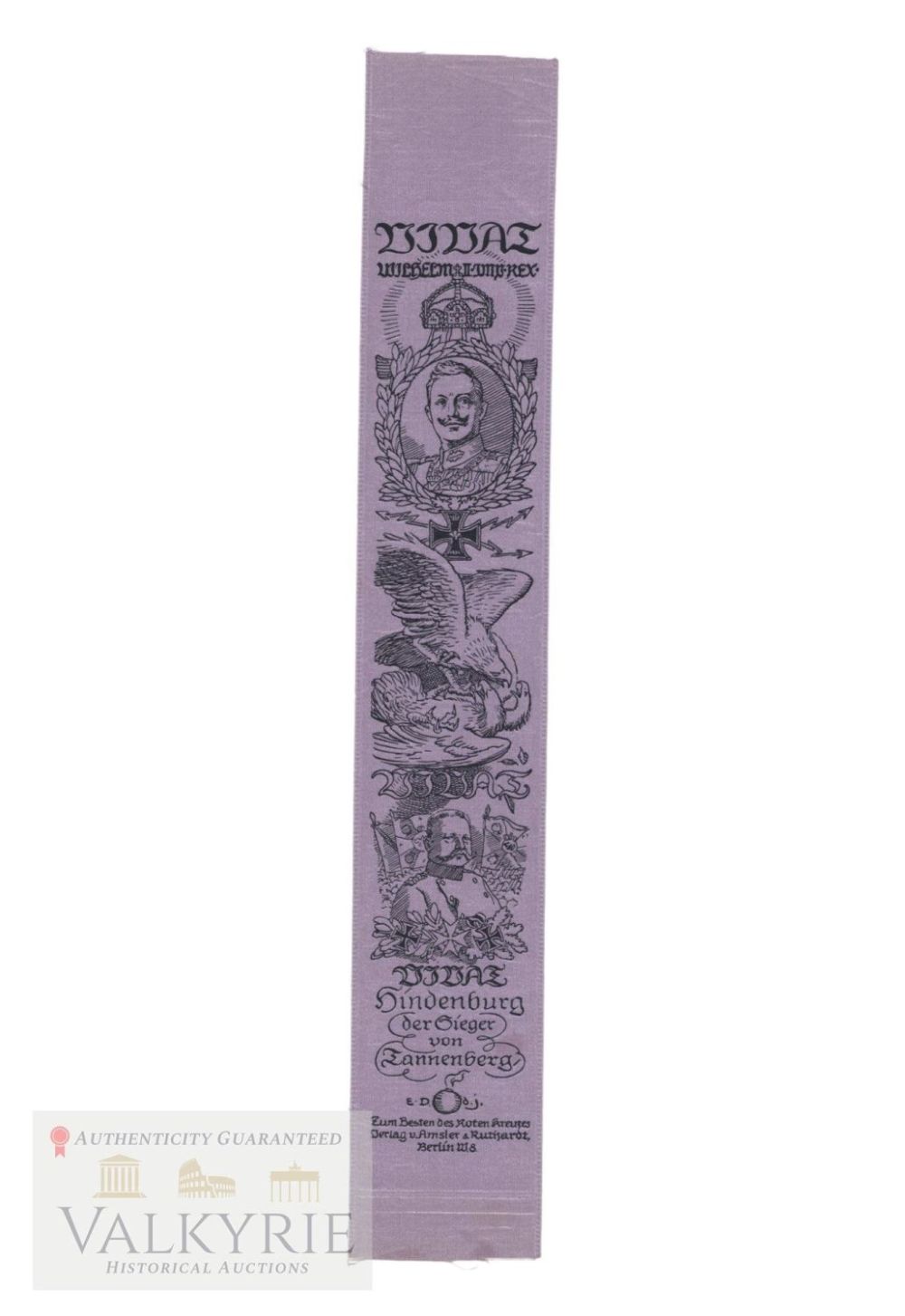 Lot 677: Vivat German Patriotic Ribbon 1914 WW1 - Hindenburg the Winner of Tannenberg