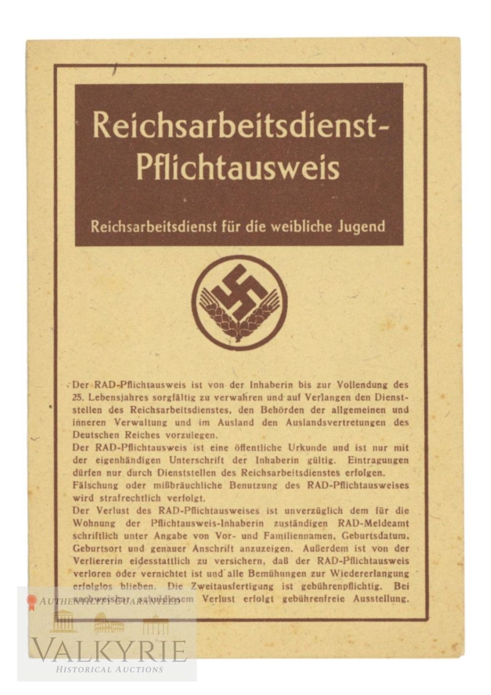Lot 684: ID Card of the Reich Labour Service for Youth - Compulsory Service 1944