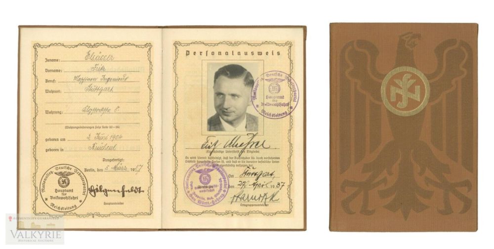 Lot 685: Personalausweis of a NS People's Welfare Member Issued in 1937
