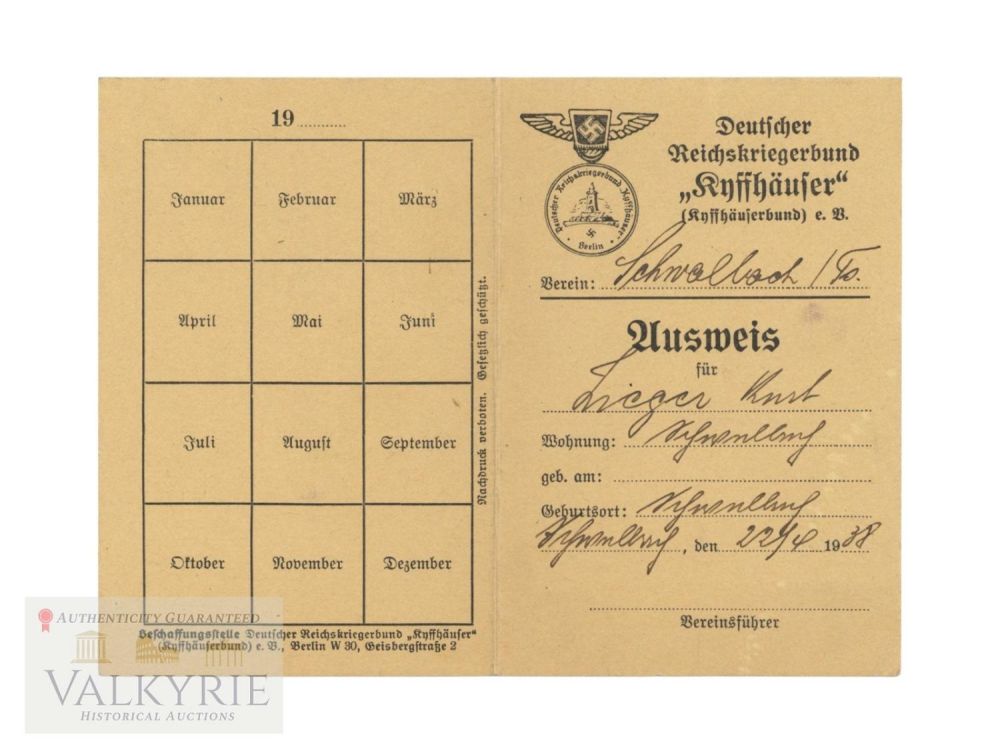 Lot 686: Memership Ausweis to a Member of the German Veterans' Association Kyffhauser 1938