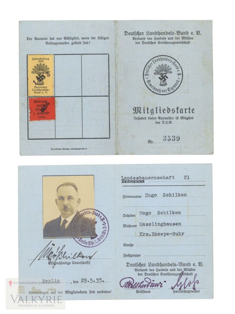 Lot 687: Membership Card of a Member of the German Association of Land Traders 1933