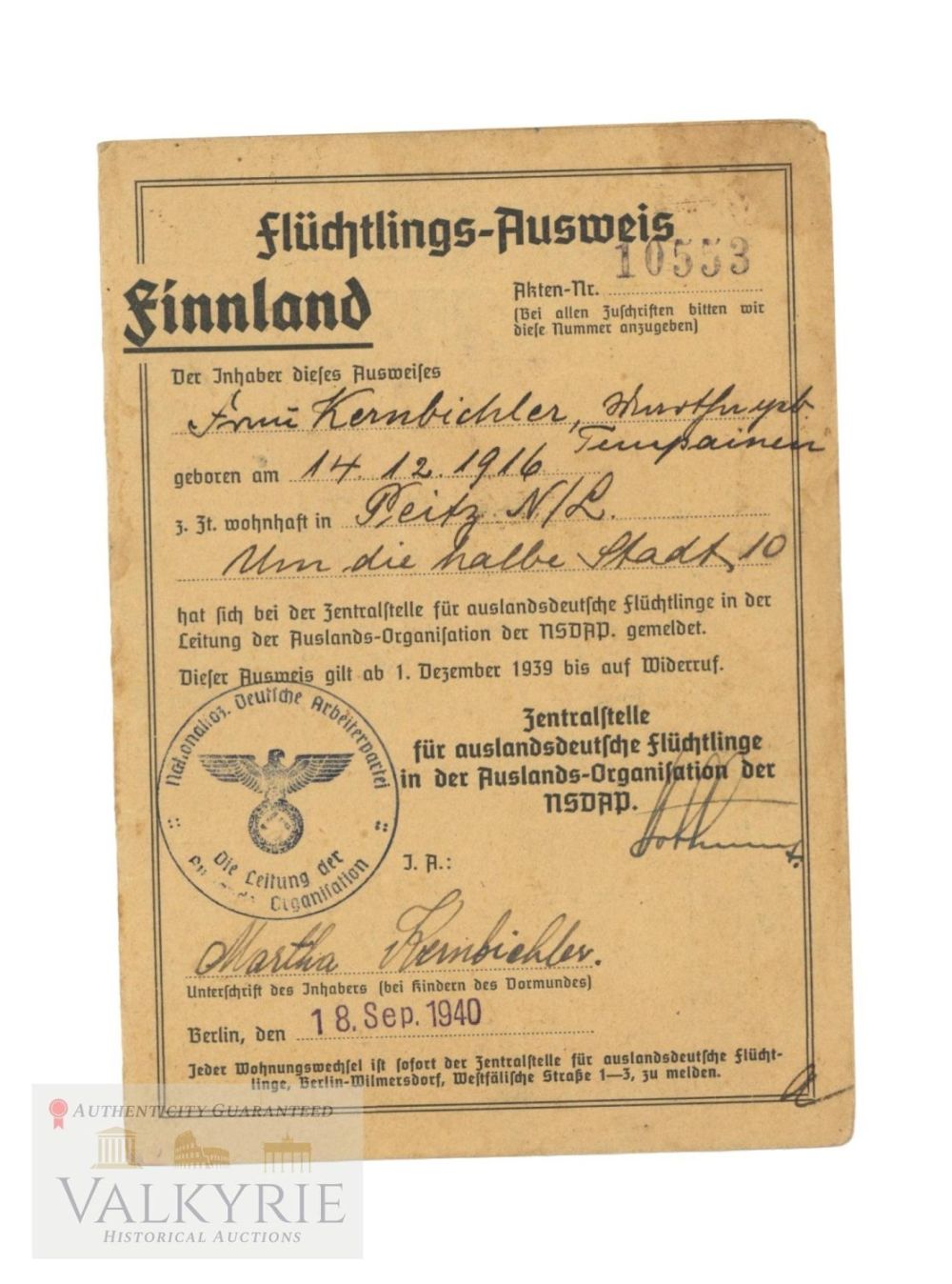Lot 690: Rare Ausweis of the NSDAP Foreign Office for German Refugees in Finland 1940