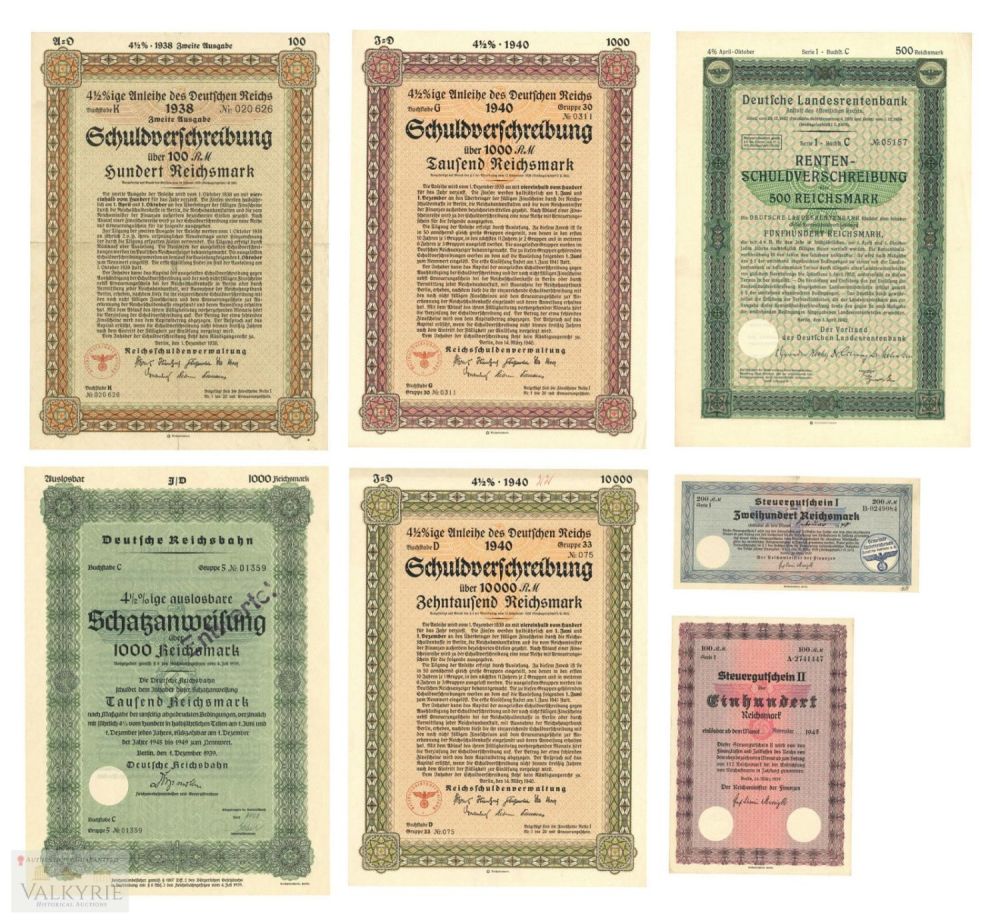 Lot 692: 7 Different Financial Notes and Documents of III Reich Period - Debenture Bonds & Taxes