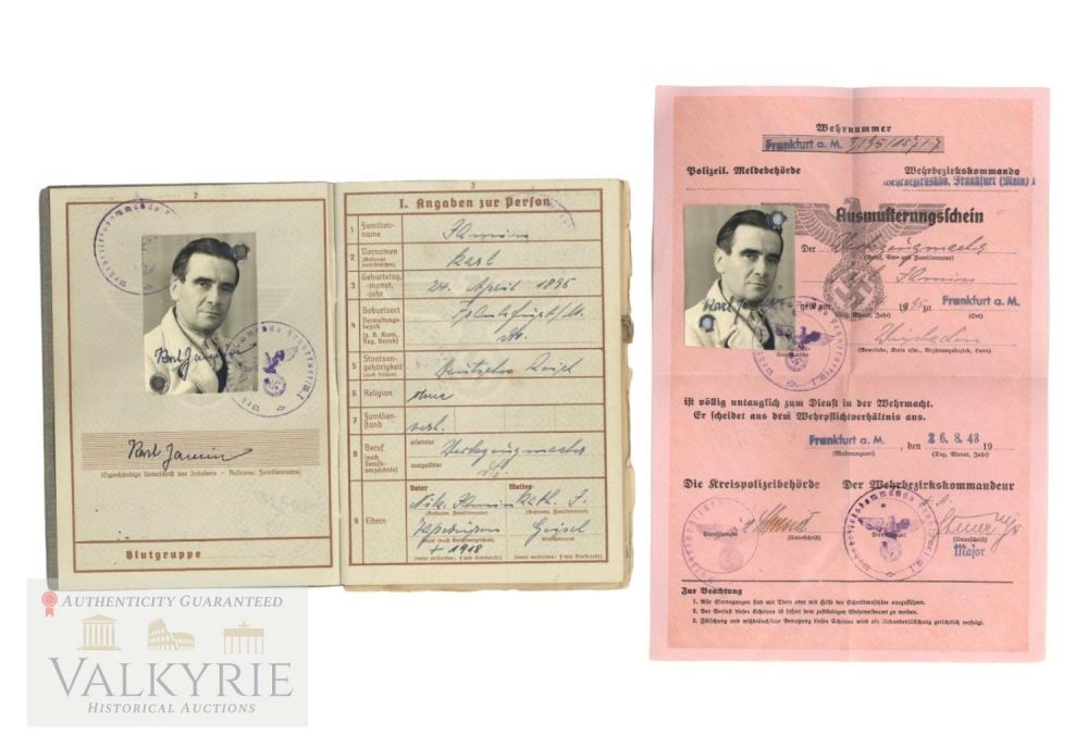 Lot 695: Set of Wehrpass and Army Retirement Documents to German Man 1943