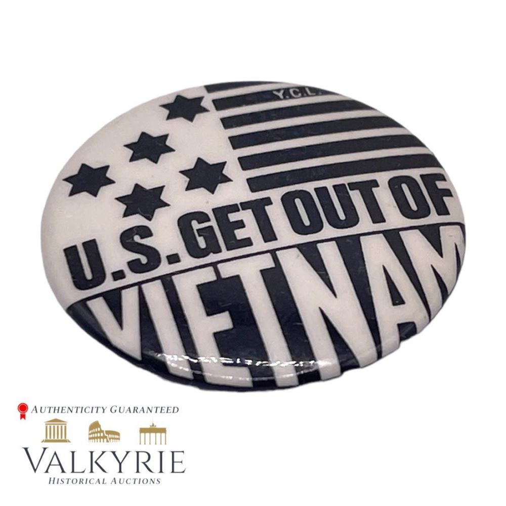 Lot 699: Anti-War Lapel Badge With Anti-American Message During Vietnam War - U.S. Get Out of Vietnam
