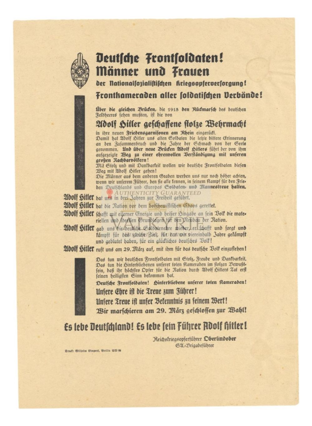 Lot 701: Pro-Hitler Propaganda Leaflet of the NSKOV - 1936 Reichstag Elections