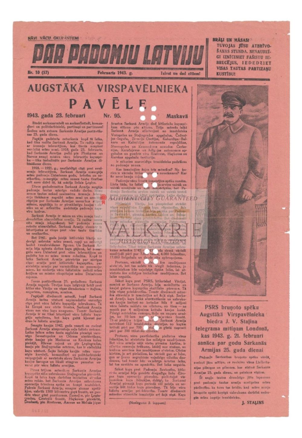 Lot 702: Communist War Propaganda Leaflet for Soviet Latvia - "Order of the Supreme Commander Stalin" 1943