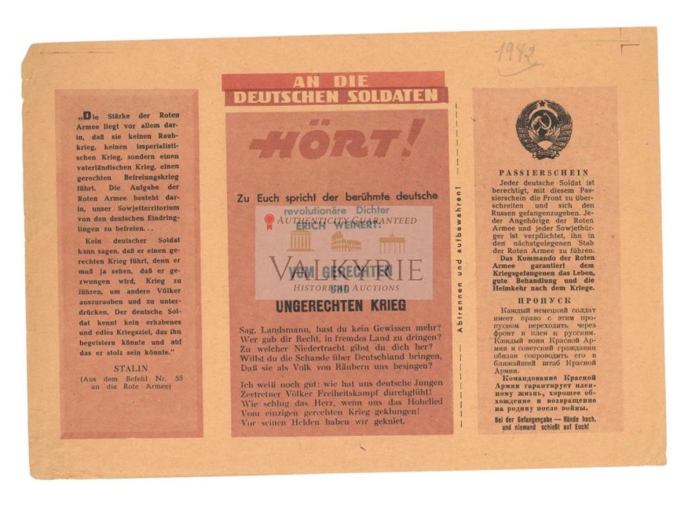 Lot 703: Russian Anti-Nazi War Propaganda Leaflet - "To the German Soldiers: Listen!"