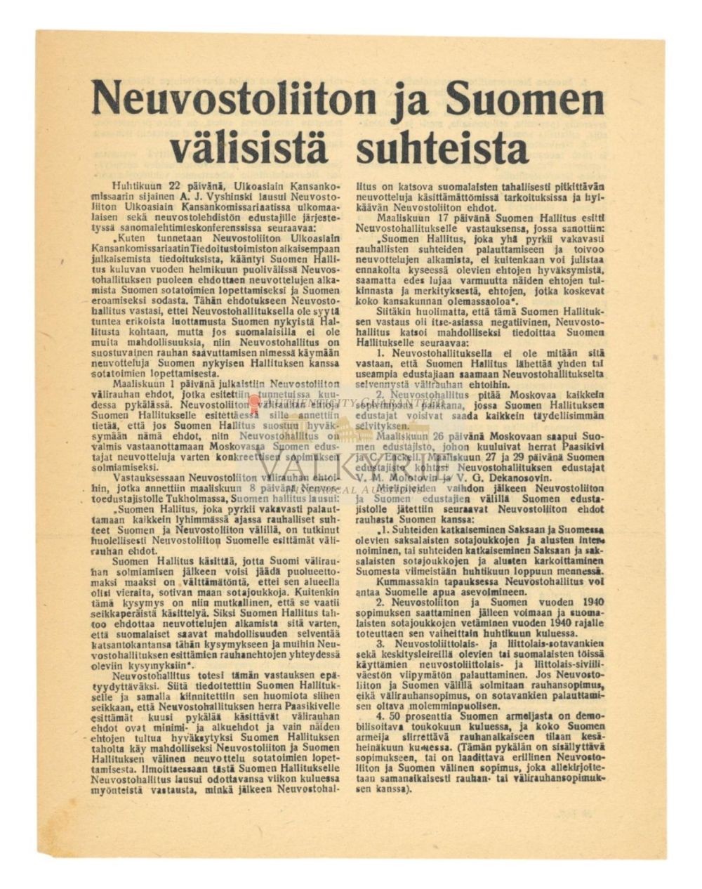 Lot 705: Propaganda Leaflet Printed by USSR in Suomi - "On the Relations Between USSR & Finland"