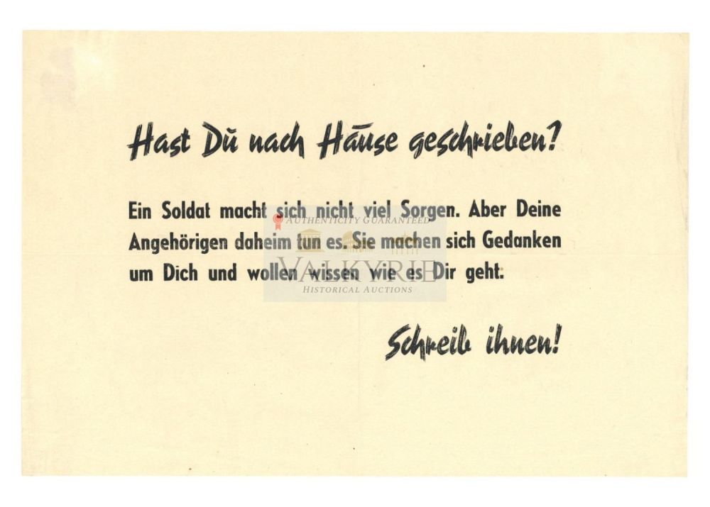 Lot 706: German War Period Leaflet for German Soldiers "Have You Written Home?"