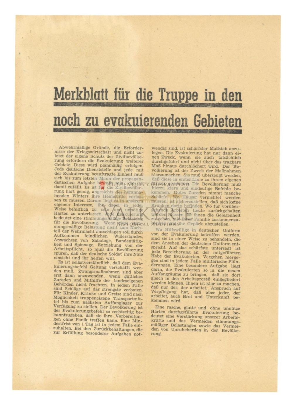 Lot 707: War Period Information Sheet "Information Sheet for the Troops in the Districts to be Evacuated"