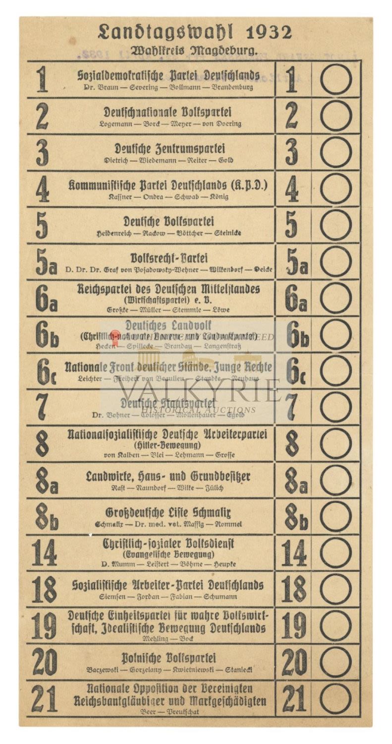 Lot 709: 24. April 1932 Elections Ballot for the Regional Parliament in Magdeburg - NSDAP