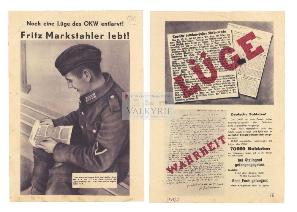 Lot 710: Russian Anti-Nazi War Propaganda Leaflet About POWs - "Lie! Fritz Markstahler Lives!"