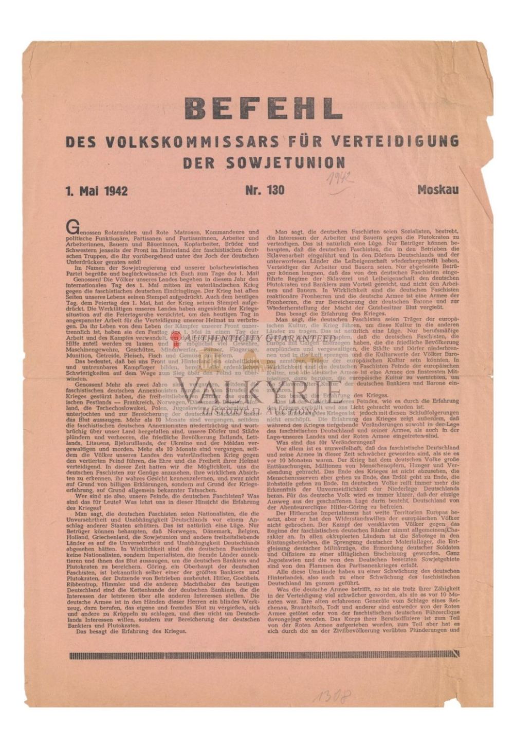 Lot 713: Communist War Propaganda Leaflet in German with Speech of Stalin - "Command of People's Commissar"