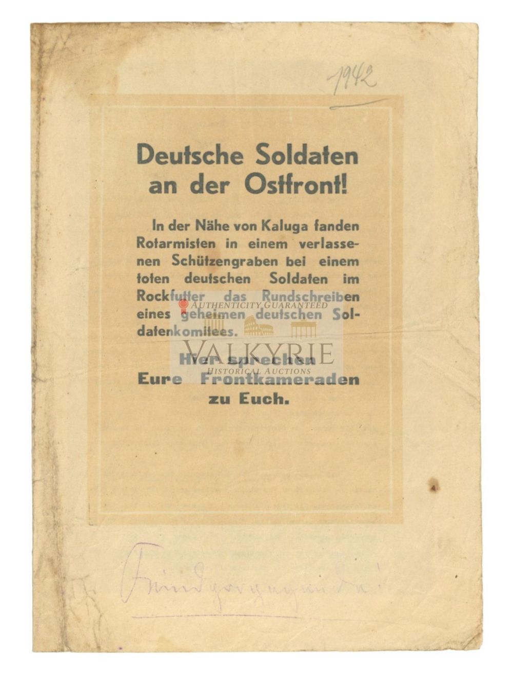 Lot 714: Russian Anti-German War Propaganda Leaflet - "German Soldiers in the Eastern Front!" 1942