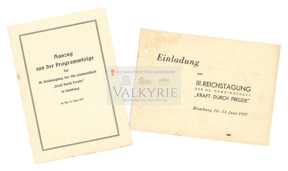 Lot 715: Documents Set of Kraft Durch Freude for III Congress in Hamburg 1937 - Programme & Invitation