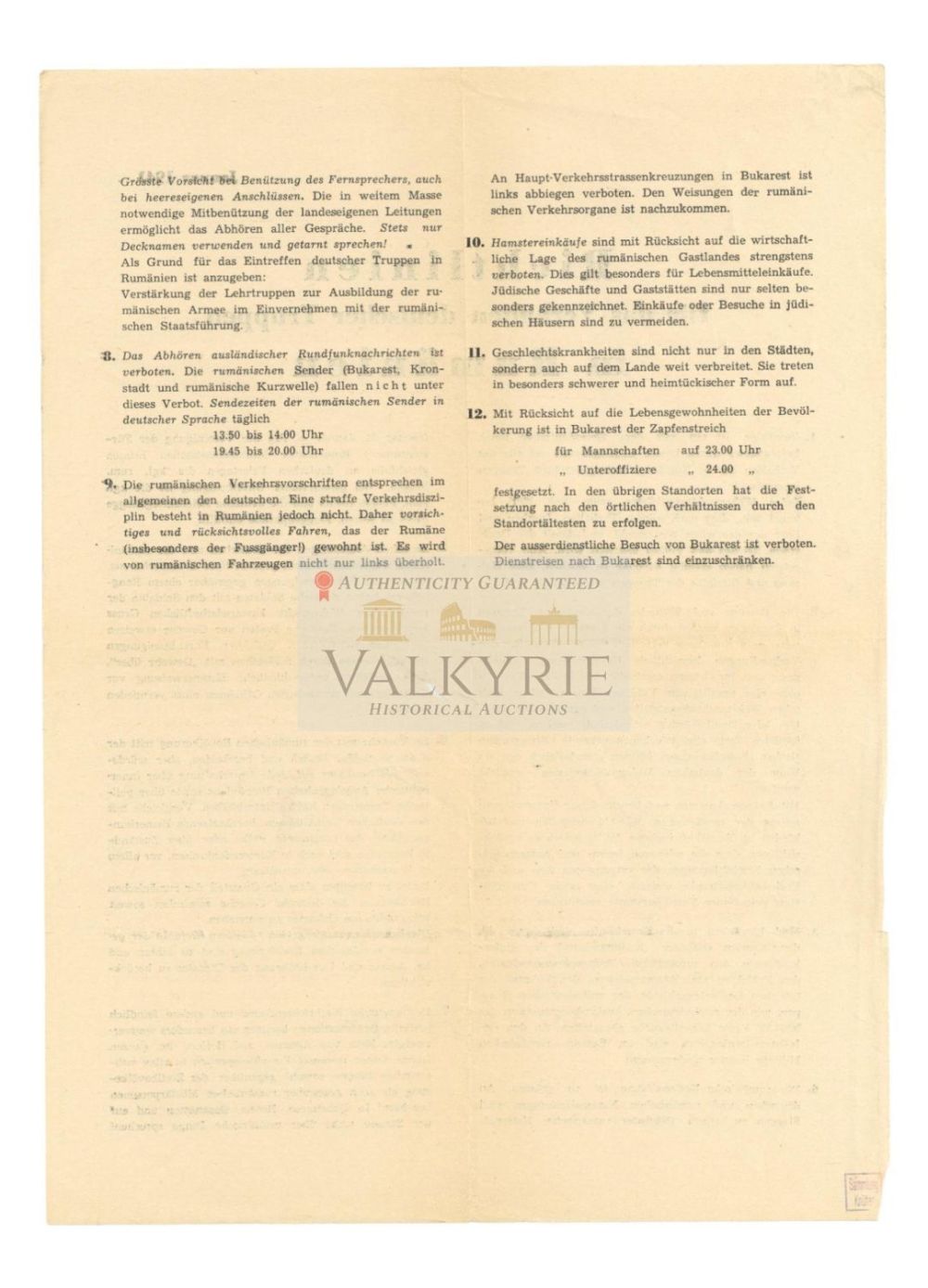 Lot 716: Leaflet With the Code of Practice for the Behavior of German Troops in Romania in 1941