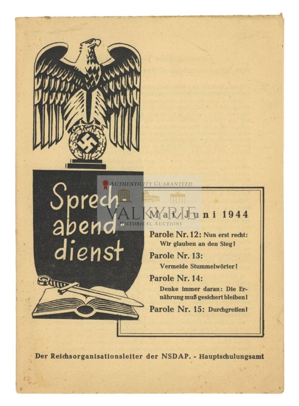Lot 717: Original German WW2 Booklet of the "Sprech-abend-dienst. We Believe in Victory" 1944
