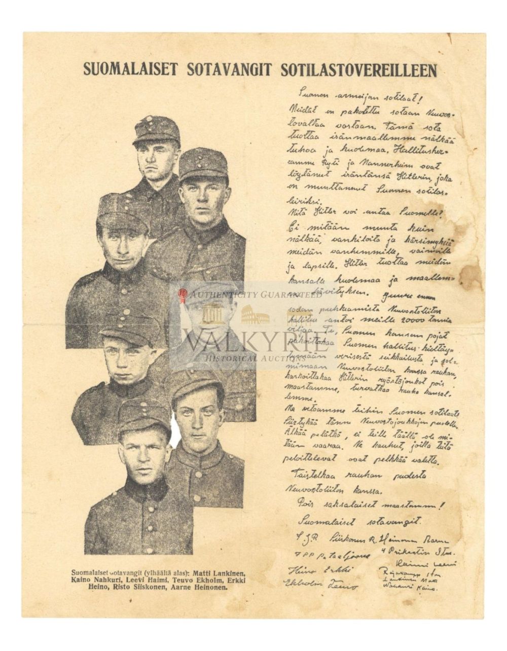 Lot 720: Soviet POW Related War Propaganda Leaflet for Finnish Soldiers