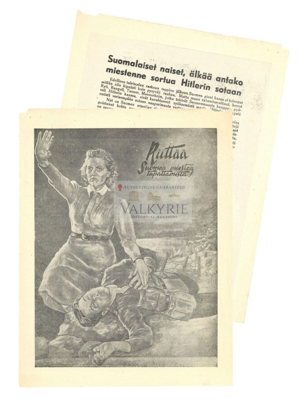 Lot 721: Soviet Anti-Nazi War Propaganda For Finnish Women - "Don't Let Your Men Drag You into War"