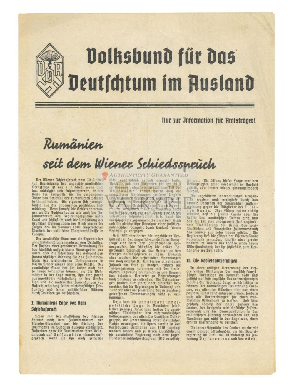 Lot 722: Pamphlet of the German People's Association from Abroad for the Germanness - Romania Related