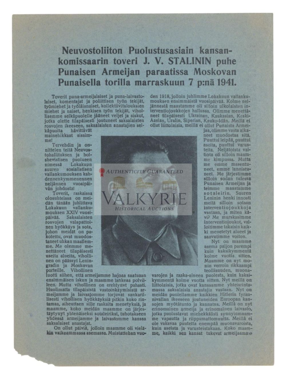 Lot 723: Soviet Propaganda Leaflet for Finnish People of the Speech of Stalin at the Red Square in 1941