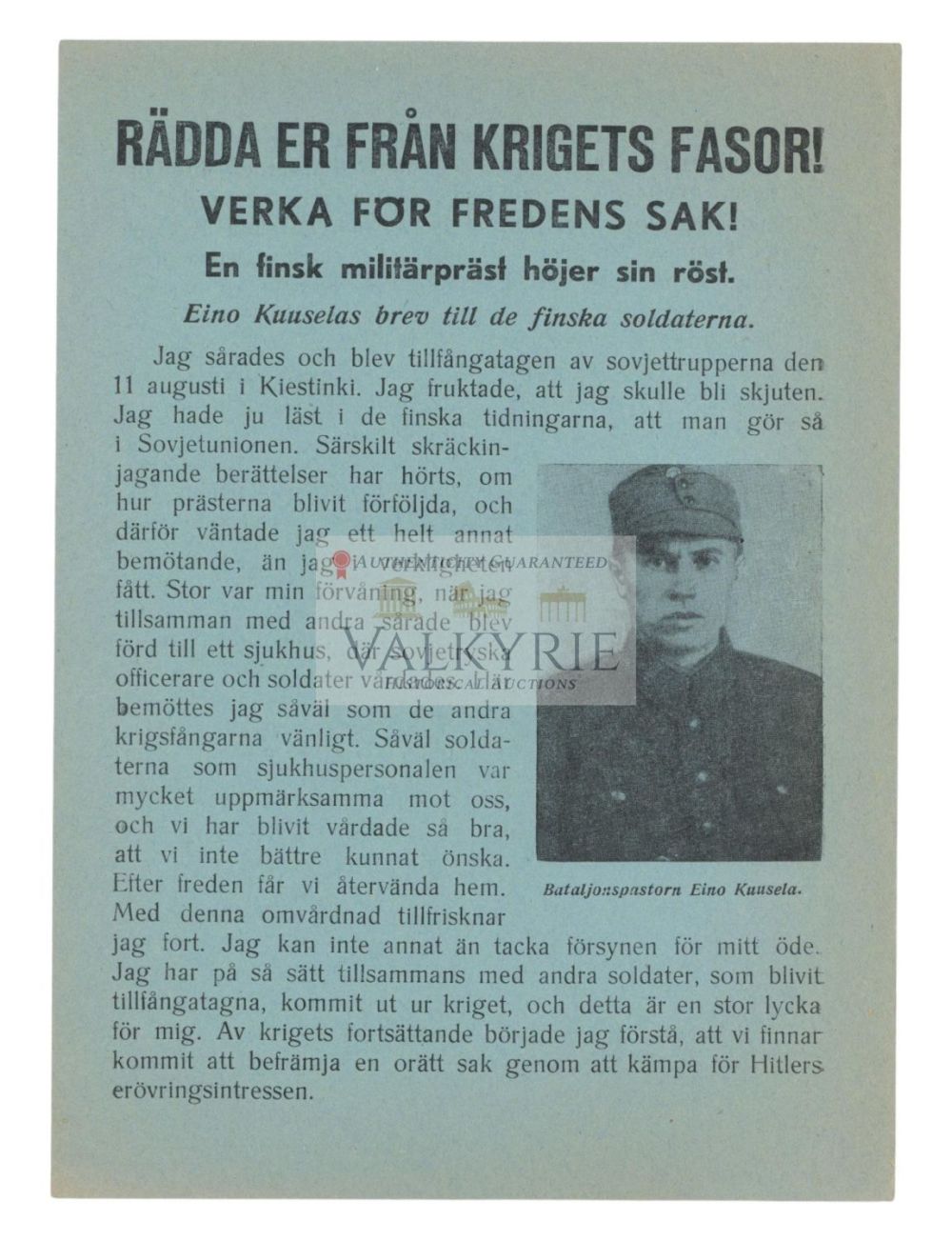 Lot 724: Soviet War Propaganda Leaflet in Swedish - "A Finnish Chaplain Raises Voice Against War!"
