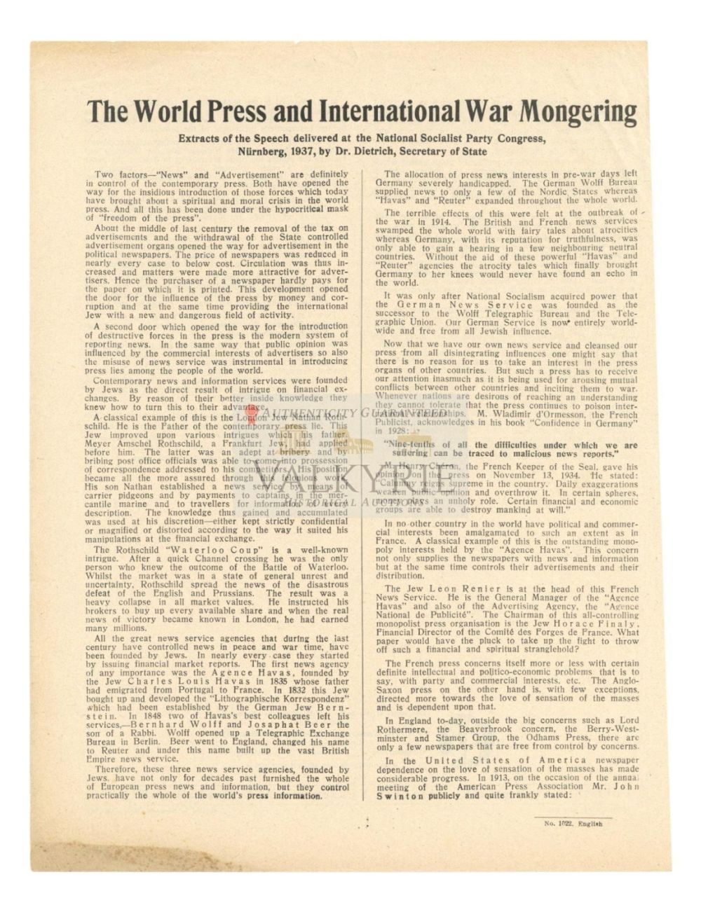 Lot 725: Nazi Propaganda Sheet "The World Press and International War Mongering" Extract from Speech