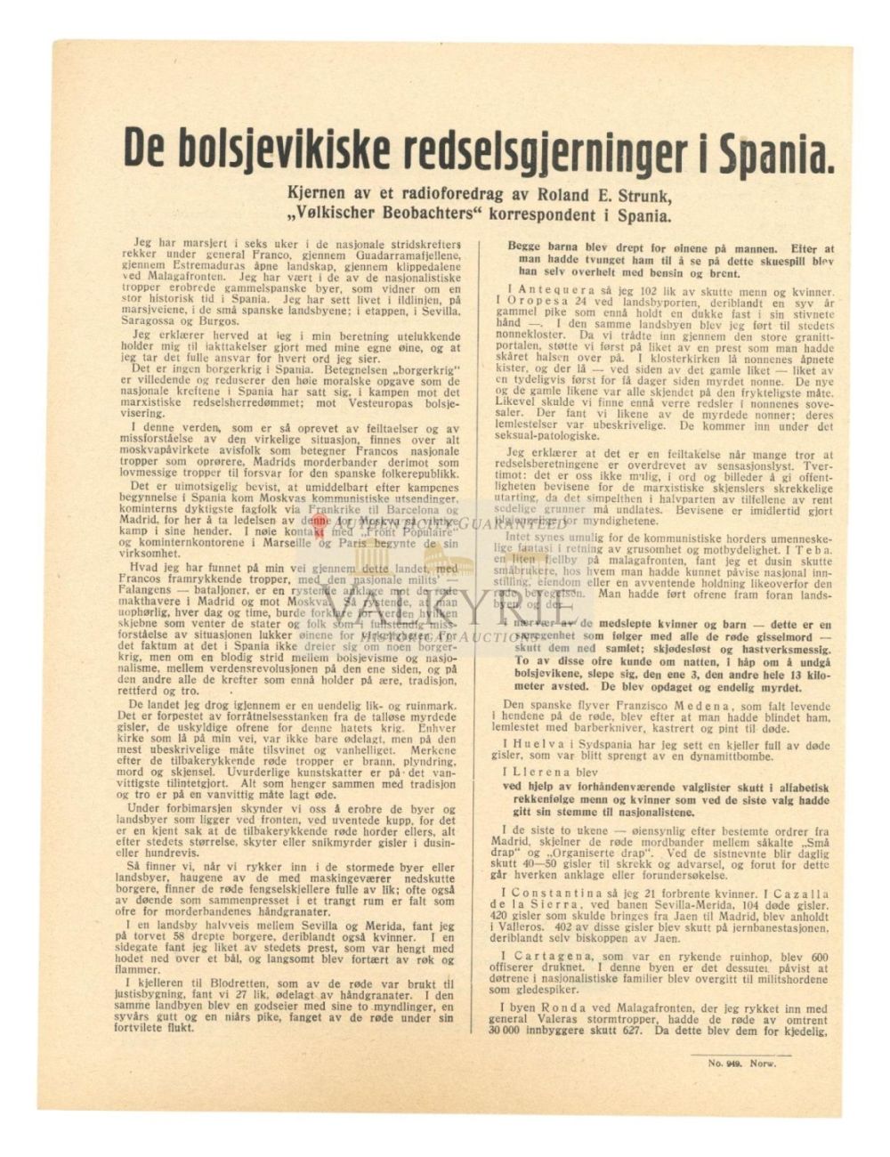 Lot 726: Nazi Propaganda Sheet "The Bolshevik Horrors in Spain" in Norwegian by Correspondent in Spanish War