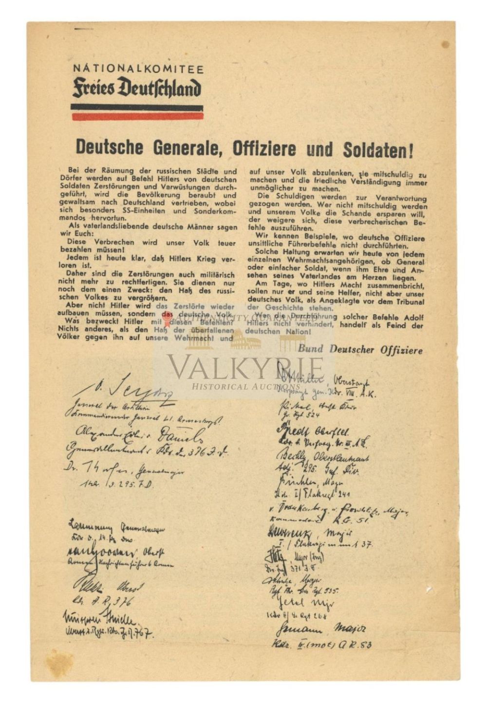 Lot 727: Soviet War Propaganda Leaflet of "The National Committee for a Free Germany" - Call to Surrender