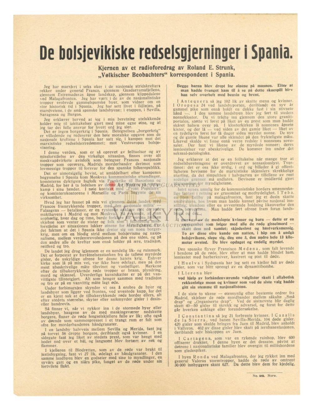 Lot 729: Nazi Propaganda Sheet "The Bolshevik Horrors in Spain" in Norwegian by Correspondent in Spanish War