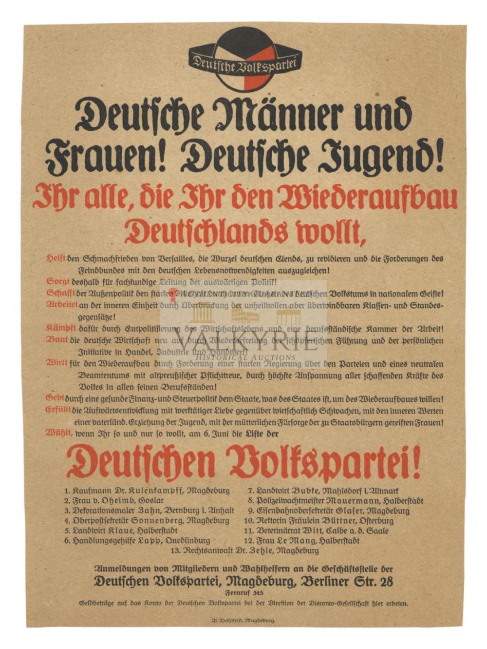 Lot 730: Electoral Propaganda Leaflet of German People's Party - "If You Want the Rebuilding of Germany..."