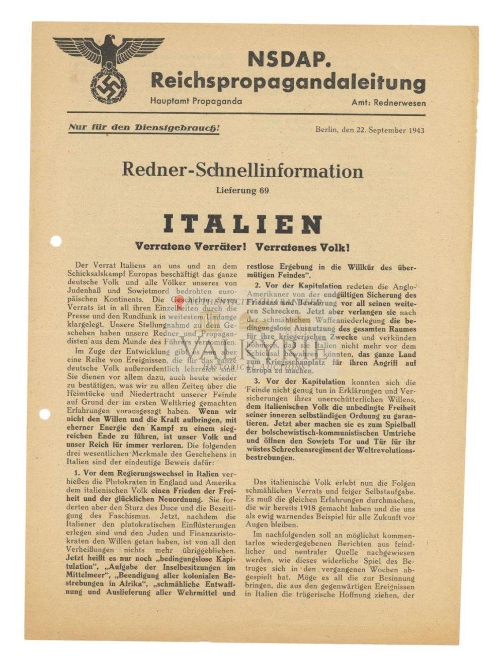 Lot 731: NSDAP Reich Propaganda Direction Sheet - "Italy. Betrayed Traitors. Betrayed Country" 1943