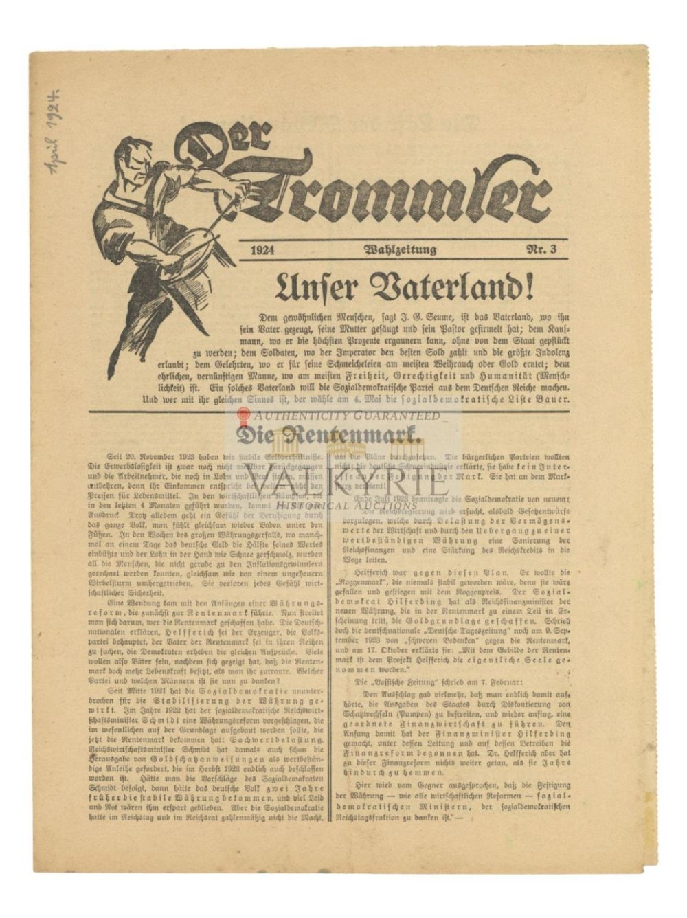 Lot 735: Old German Nationalist Newspaper "Der Trommler" 1924 - "Our Fatherland!"