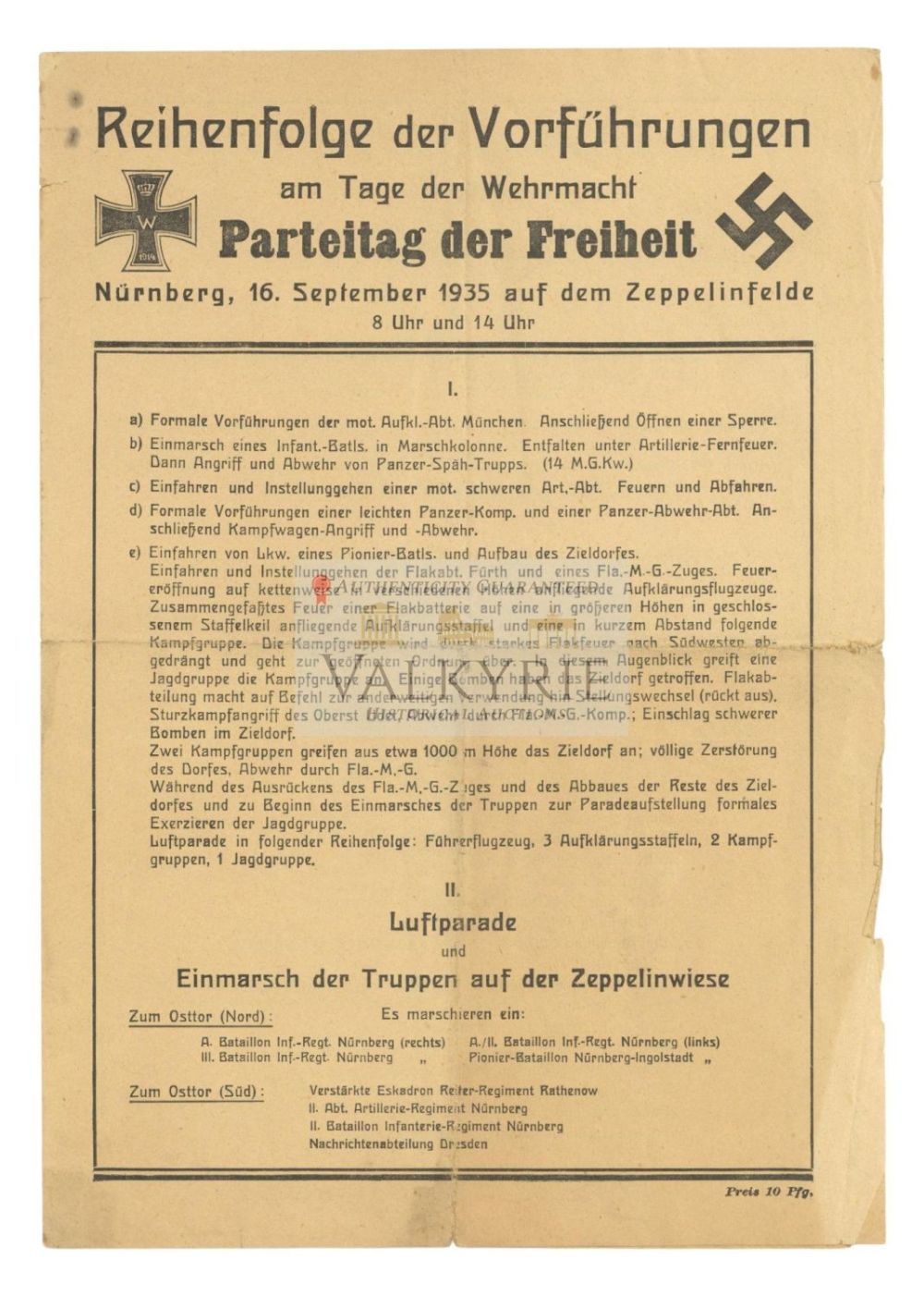 Lot 737: 1935 Nuremberg Parteitag Sheet "Order of Performances the Day of the Wehrmacht. Congress of Freedom"