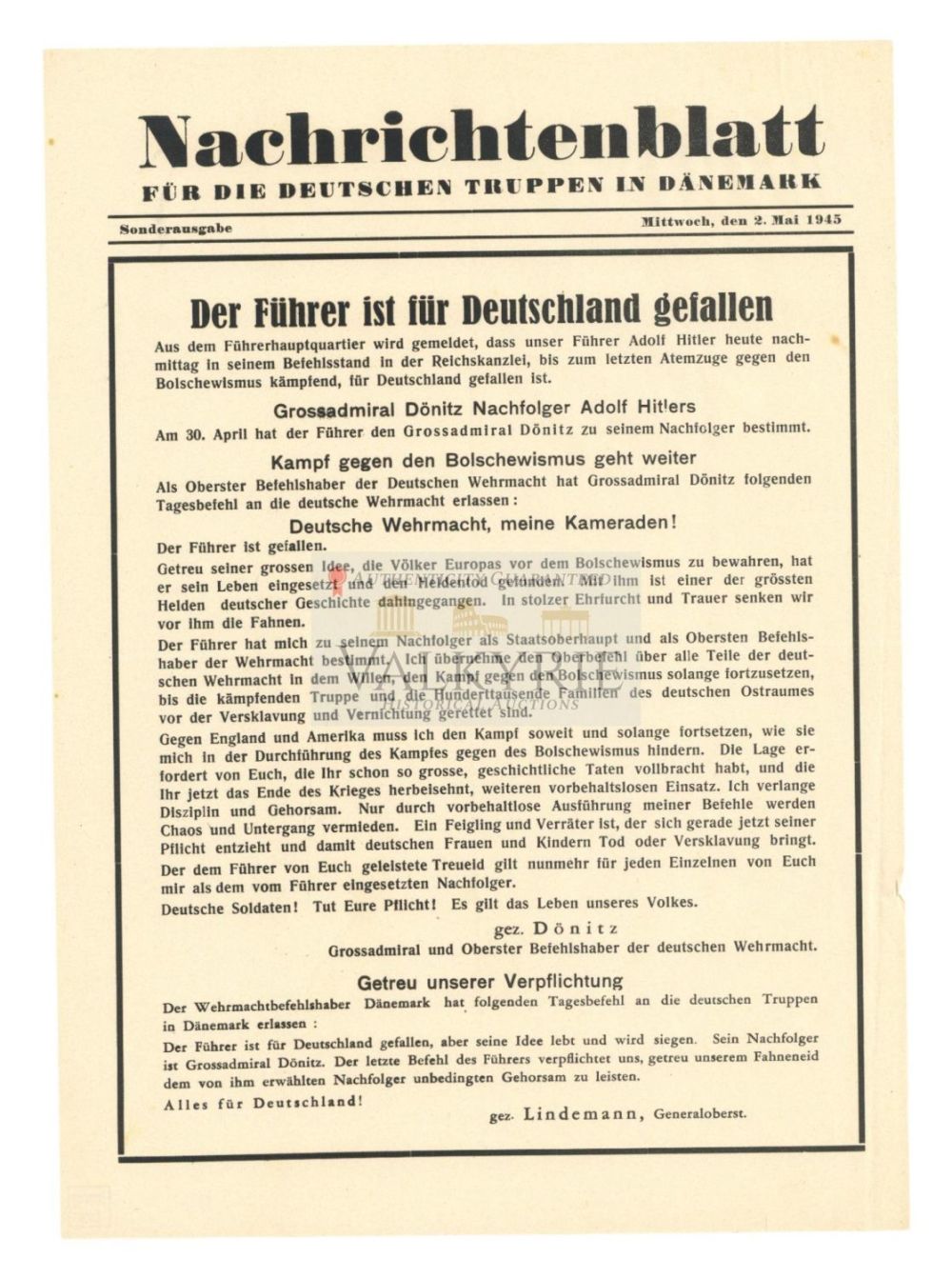 Lot 744: German Informative Sheet "News Sheet for German Troops in Denmark" 2. May 1045 "Hitler is Dead"