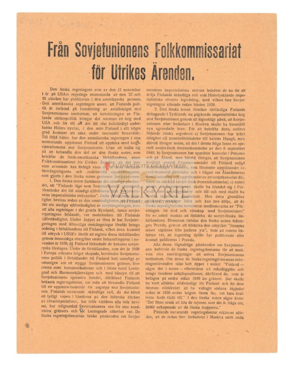 Lot 745: Russian War Period Propaganda Leaflet With Declaration of Viktor Molotov in Swedish