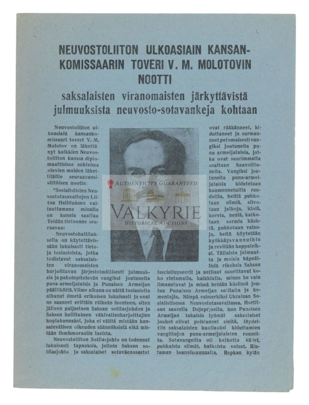 Lot 748: Pro-Russian War Propaganda Leaflet in Suomi - Note From V. Molotov Foreign Affairs Commissar