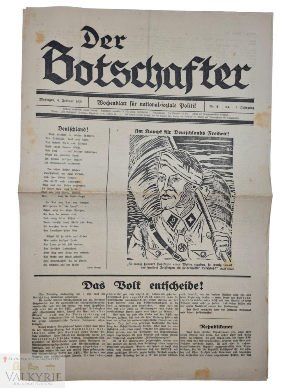 Lot 750: Newspaper of Nazi Ideology "Der Botschafter" Dated in 1931