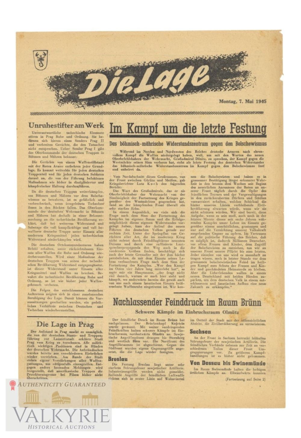 Lot 991: Very Late War Number of German Newspaper "Die Lage" - 7. May 1945