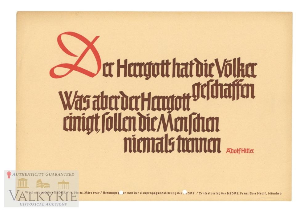 Lot 994: Nazi Propaganda Poster of the Wochenspruch der NSDAP With Quotation of Adolf Hitler