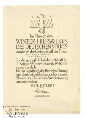Lot 929 Certificate of Gratitude Issued by WHW Organisation to a