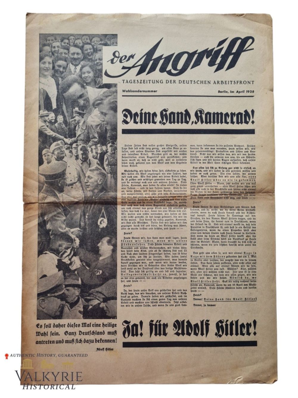 Lot 1218: April 1938 Elections Special Issue of Dr. Goebbels Newspaper "Der Angriff" - "Your Hand, Comrade!"