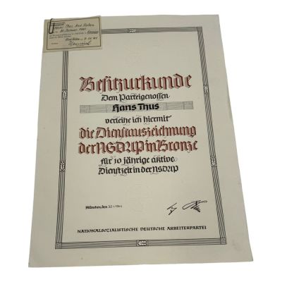 Lot 920 Deutsche Arbeiterpartei RAD Certificate Award for Hans Thus