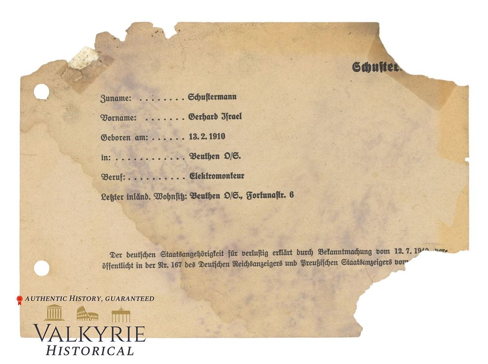 Lot 177: III Reich Period Label Printed With Information of a Deported Jewish Man Probably For Luggage