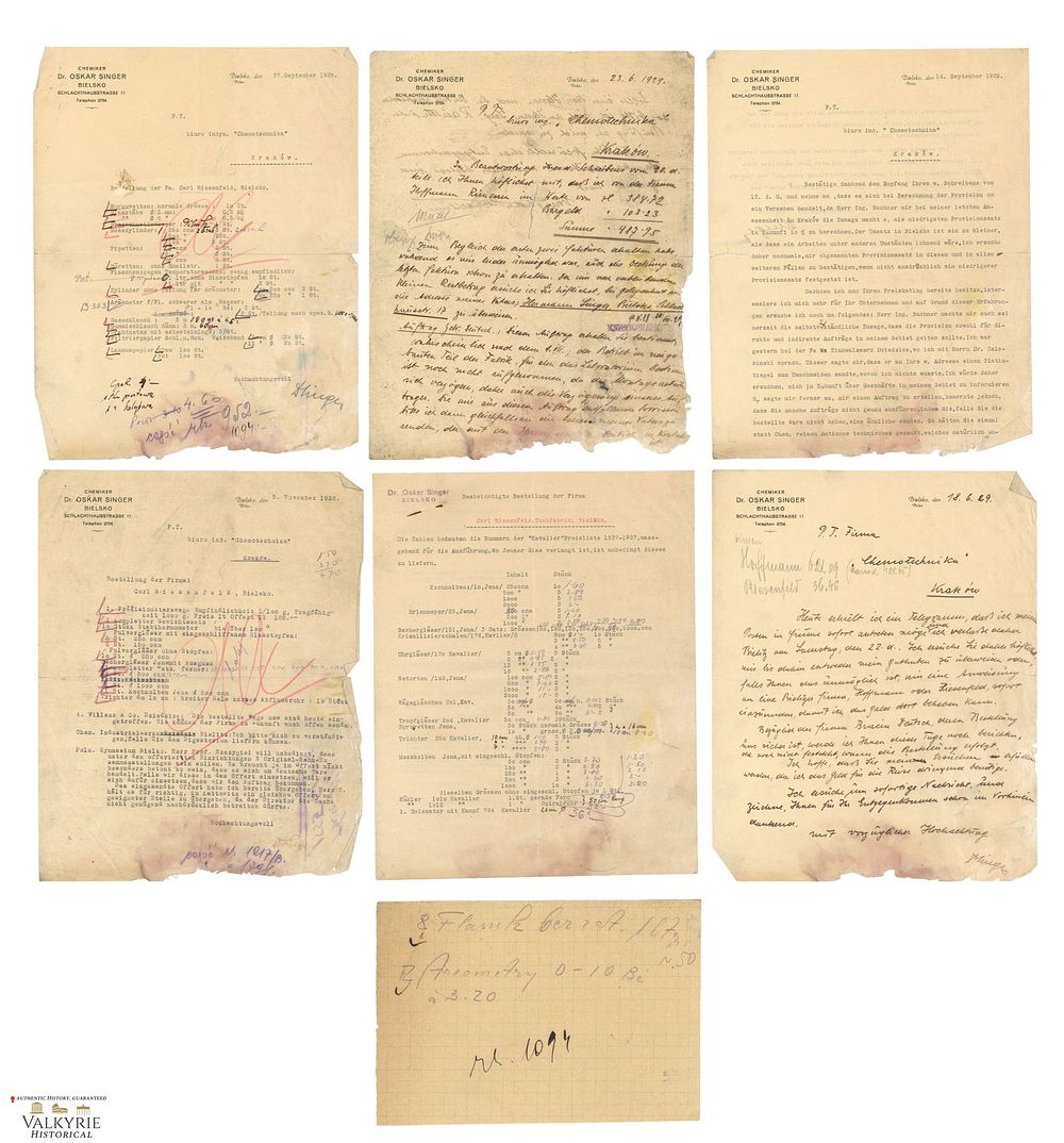 Lot 180: Set of 7 Pre-war Letters and Stationery Documents of the Chemical Company Dr. Oscar Singer Krakow