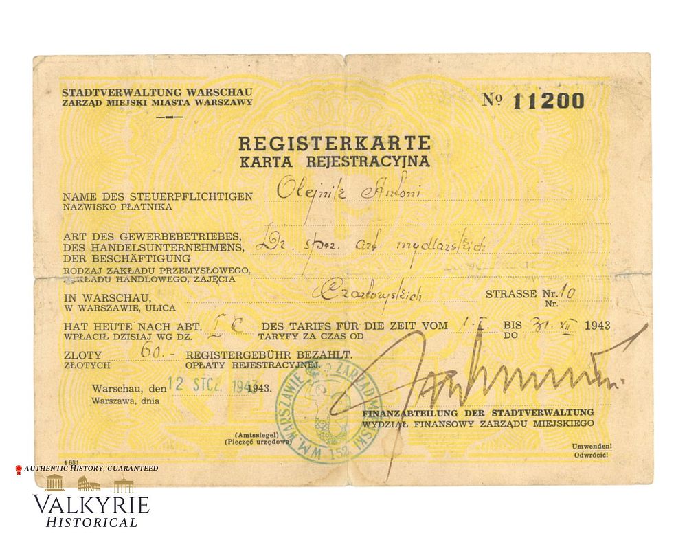 Lot 215: Polish Warsaw City Administration Index Card Issued to a Polish Citizen in 1943