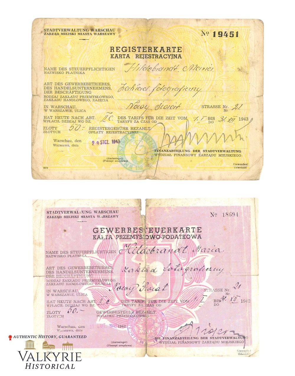Lot 216: Polish Warsaw City Administration Index Card and Business Taxes Card to a Polish Citizen in 1942-43