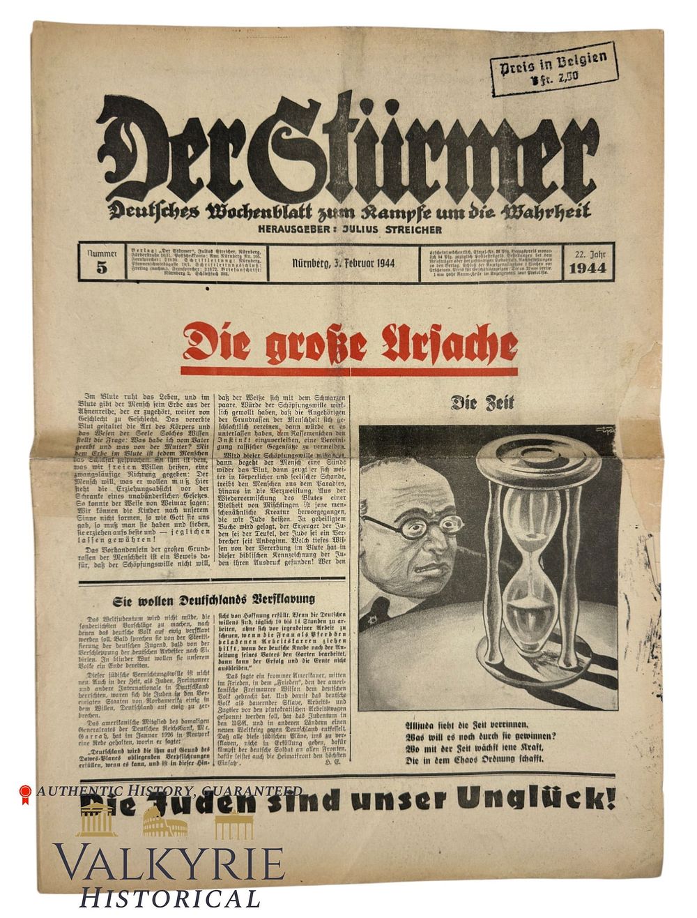 Lot 240: German Ultra-Anti Semitic Tabloid "Der Sturmer" Published by Julius Streicher - N.5 - 1944
